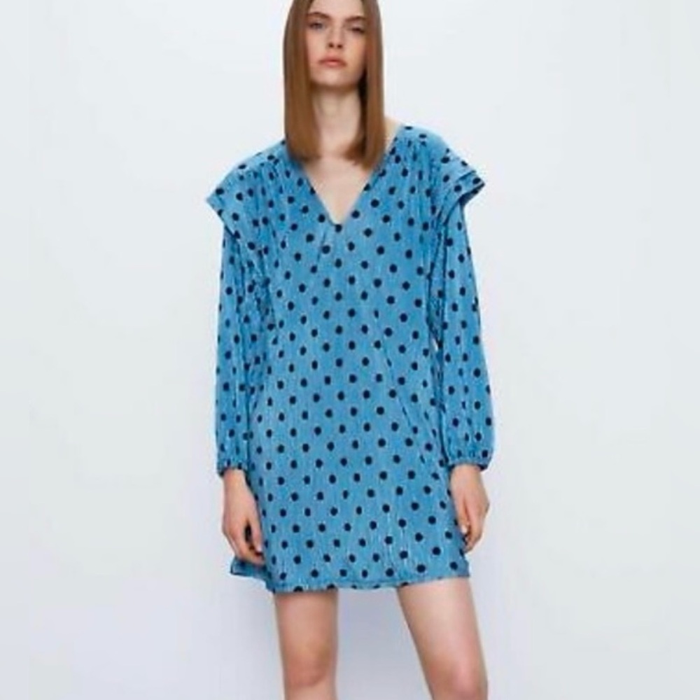 ZARA Puff Sleeve Pleated Crinkled Long Sleeve Mini Dress NWT